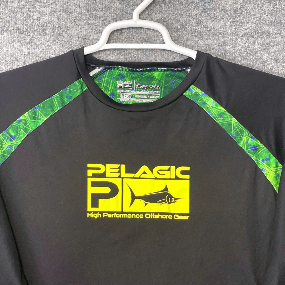 Pelagic VaporTek Mens Large Black Green Long Sleeve Fishing Performance Shirt